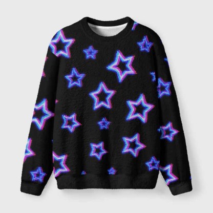 Soulisfree Neon Cyberpunk City Skyline Fuzzy Crewneck Sweater