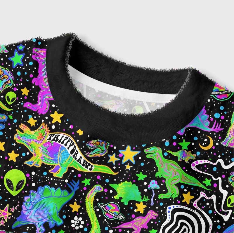 Soulisfree Cosmic Dino Trip Women's Fuzzy Crewneck Sweater