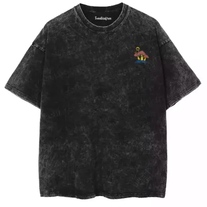 SPACE CAT ON MUSHROOMS Washed T-shirt