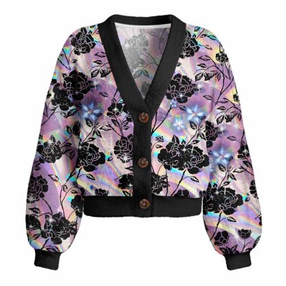 Soulisfree Holo Rose Women's Fuzzy Cardigan Sweater