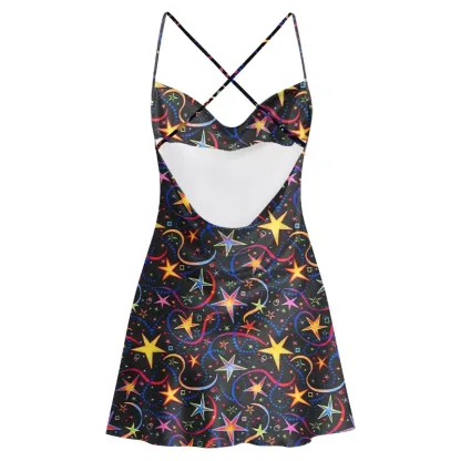 Soulisfree Neon Astro Cowl Neck Satin Mini Dress