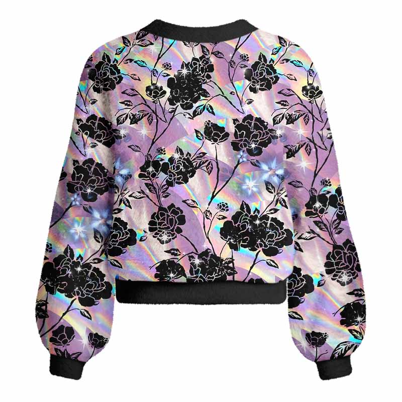 Soulisfree Holo Rose Women's Fuzzy Cardigan Sweater
