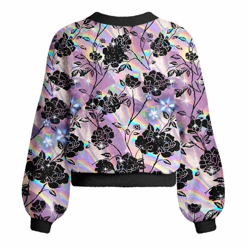 Soulisfree Holo Rose Women's Fuzzy Cardigan Sweater