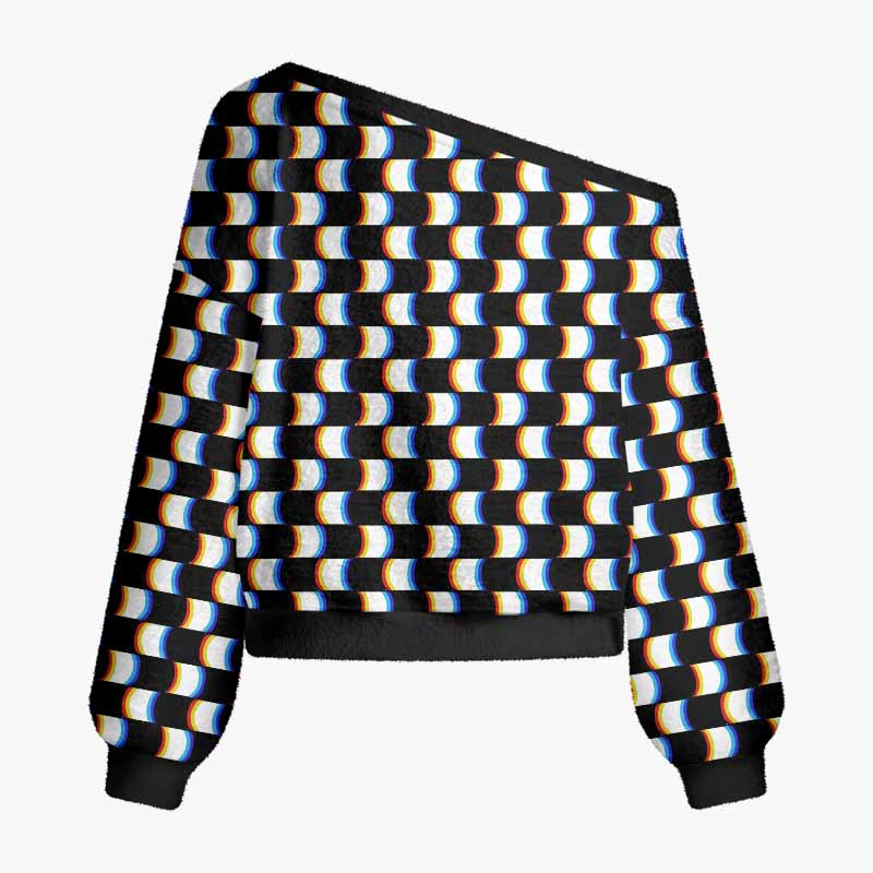 Soulisfree Optical Glitch Fuzzy Off-Shoulder Sweater