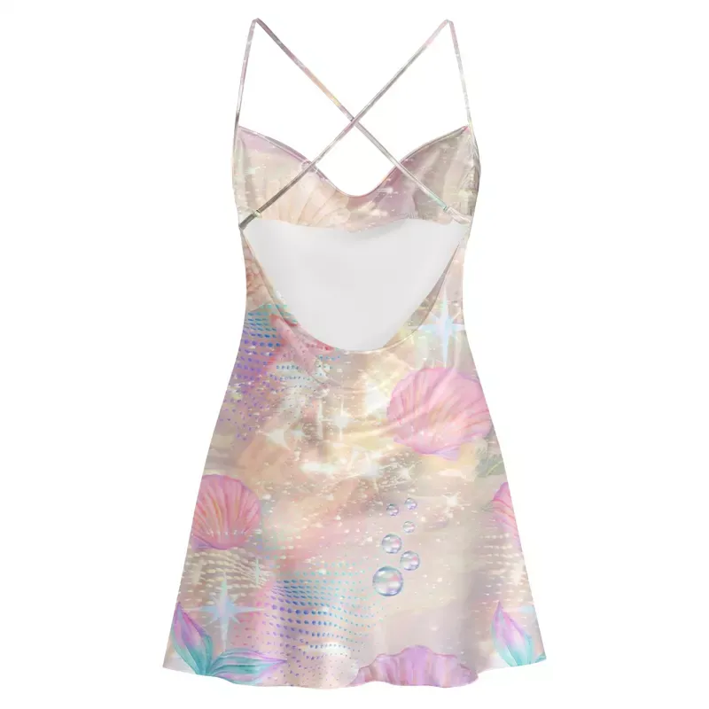 Soulisfree Holographic Beach Seashell Cowl Neck Satin Mini Dress