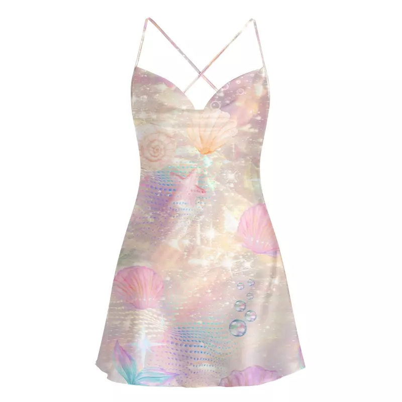 Soulisfree Holographic Beach Seashell Cowl Neck Satin Mini Dress