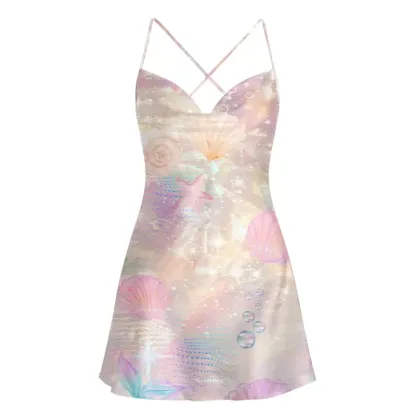 Soulisfree Holographic Beach Seashell Cowl Neck Satin Mini Dress