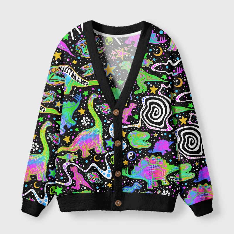 Soulisfree Cosmic Dino Trip Fuzzy Cardigan Sweater 