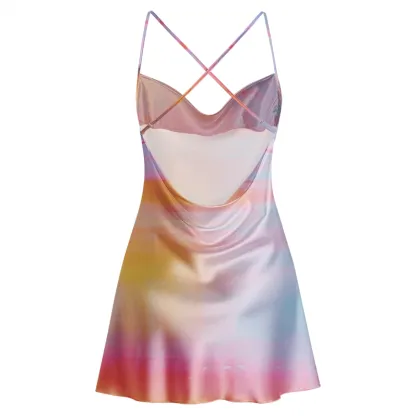 Soulisfree Warm Sunrise Cowl Neck Satin Mini Dress