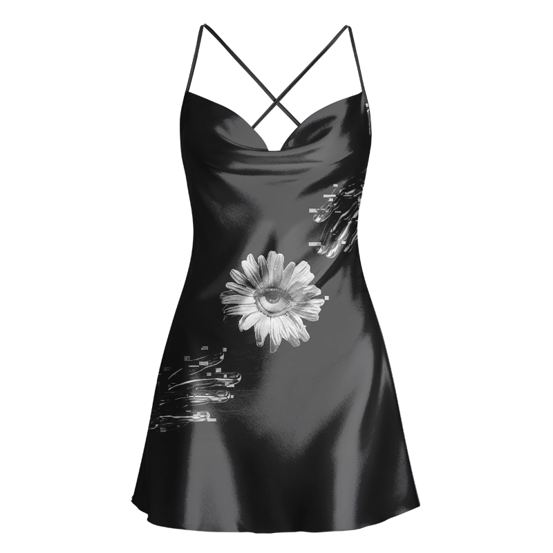 Soulisfree Futuristic Hands and Mystic Eye Flower  Cowl Neck Satin Mini Dress