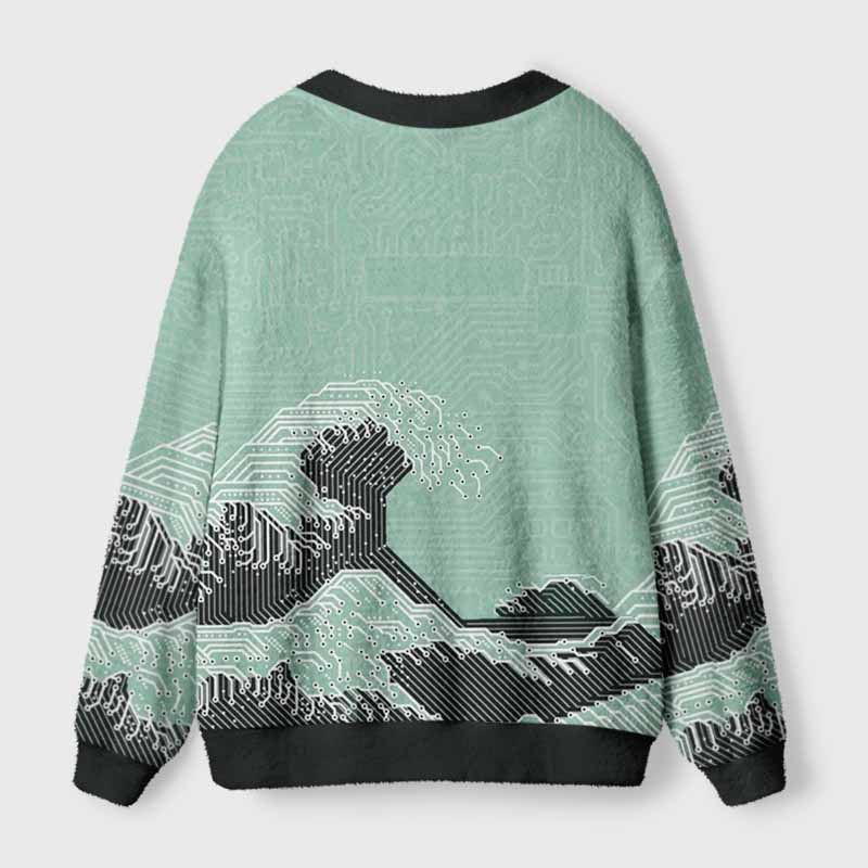 Soulisfree Circuit Board Waves Fuzzy Cardigan Sweater 
