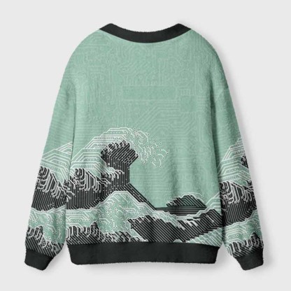 Soulisfree Circuit Board Waves Fuzzy Cardigan Sweater 