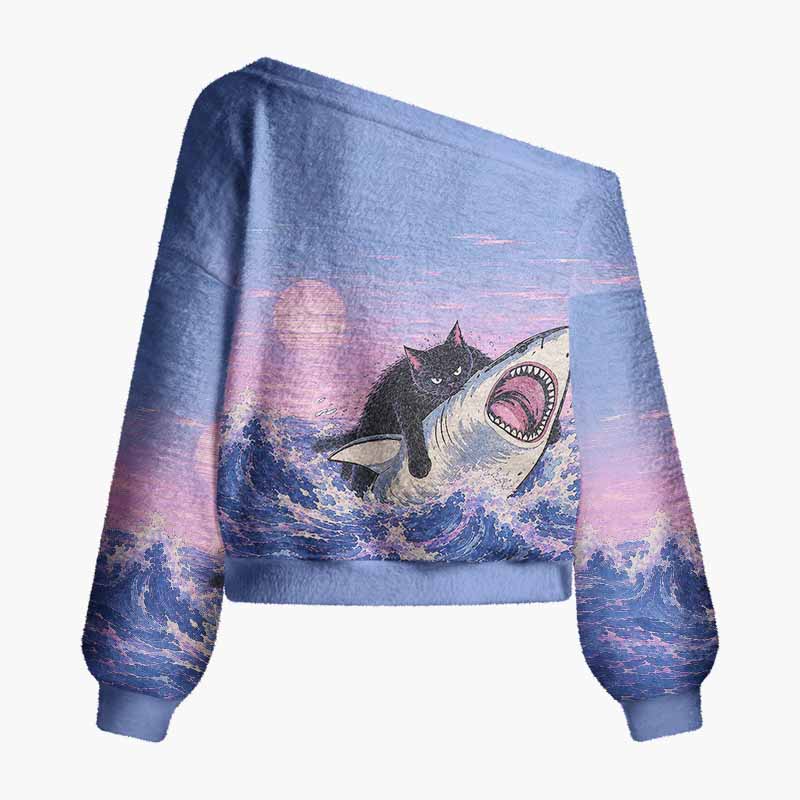 Soulisfree Fat Cat Vs Shark Fuzzy Off-Shoulder Sweater