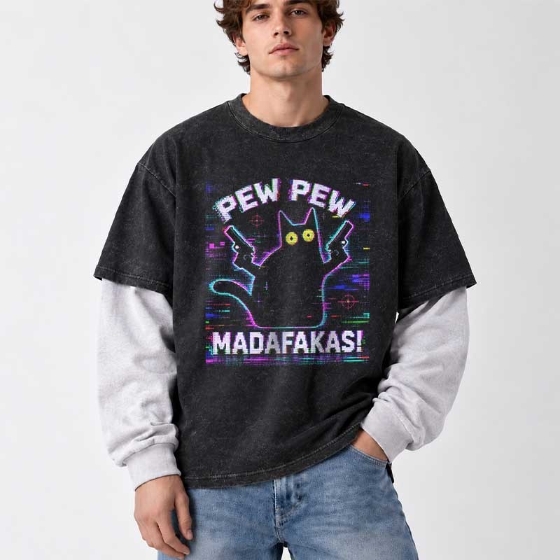 Soulisfree  Pew Pew Cat Chaos Layered Long Sleeve Tee