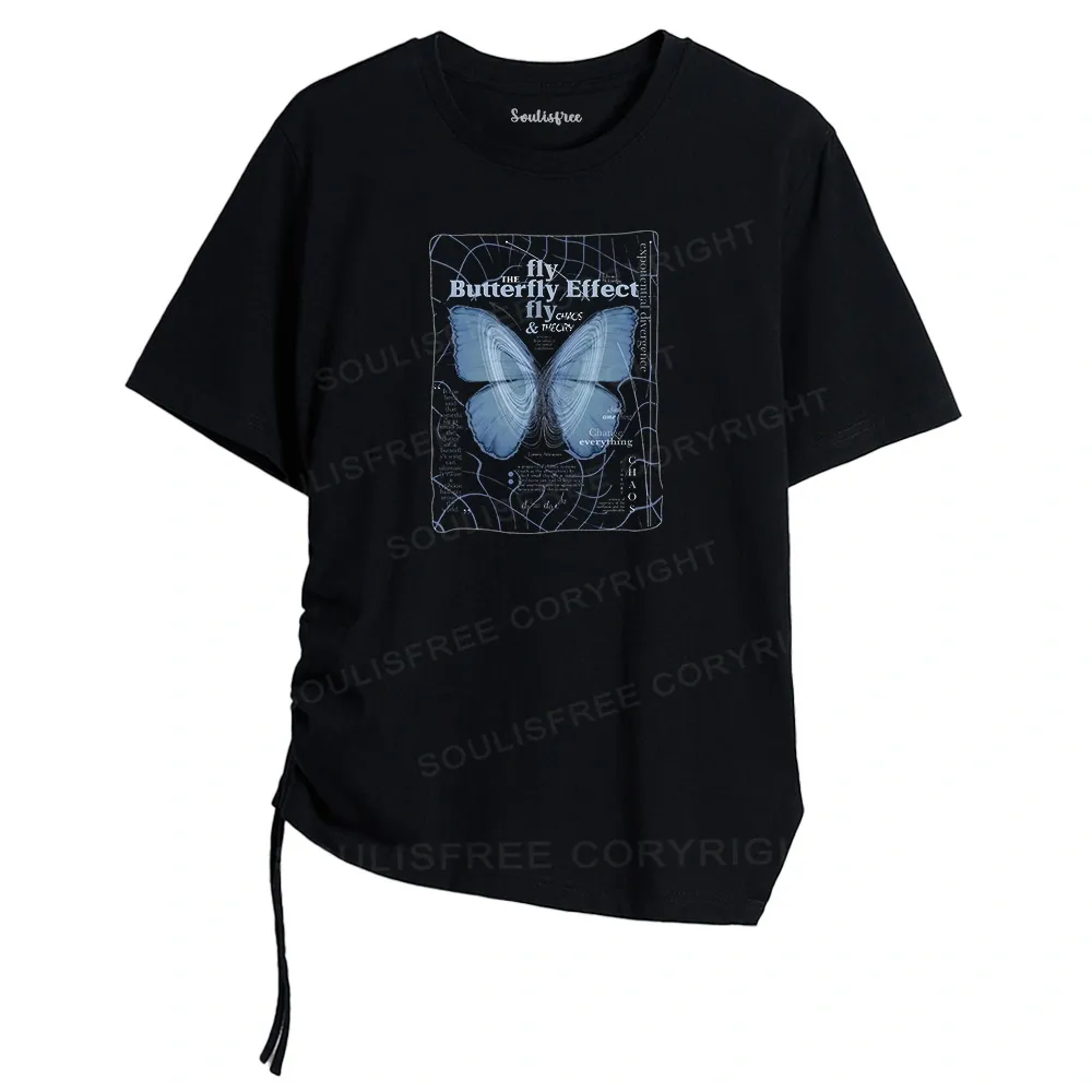 Designed Butterfly Effect Asymmetrical Top With Side Drawstring