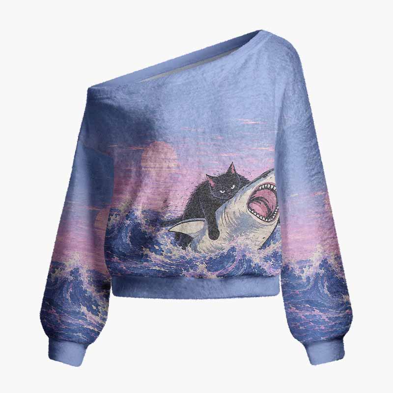 Soulisfree Fat Cat Vs Shark Fuzzy Off-Shoulder Sweater