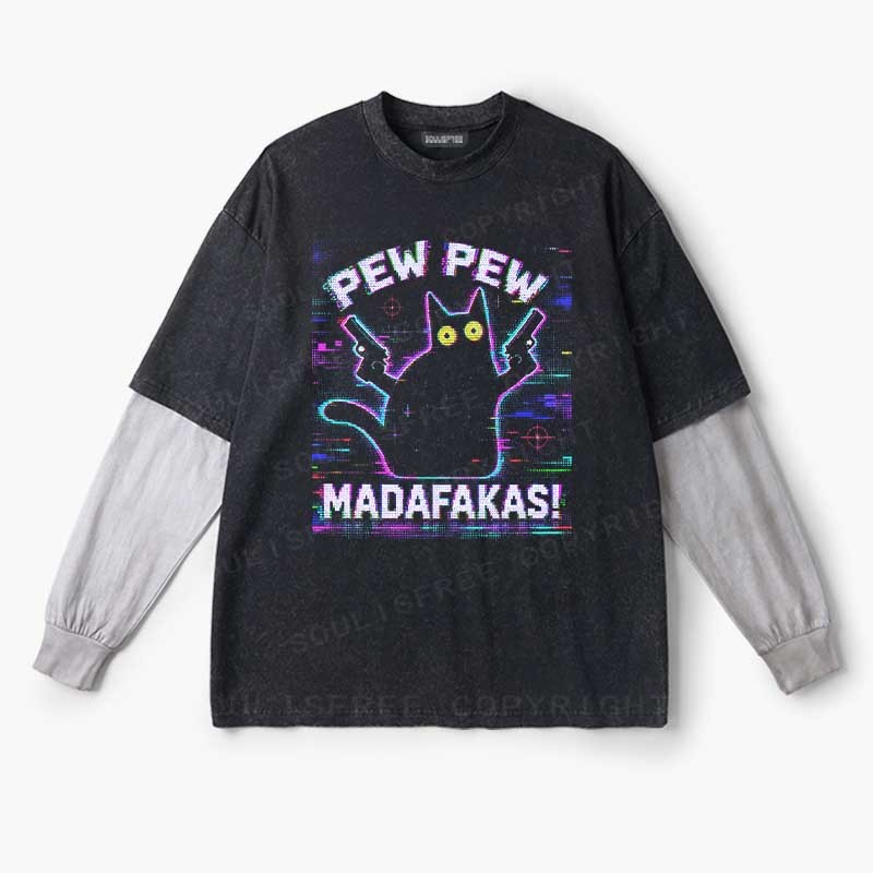 Soulisfree  Pew Pew Cat Chaos Layered Long Sleeve Tee
