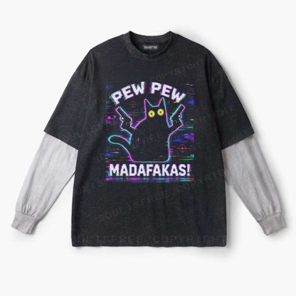 Soulisfree  Pew Pew Cat Chaos Layered Long Sleeve Tee