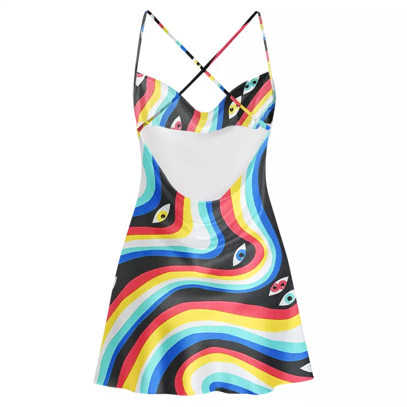 Soulisfree Rainbow Vision Cowl Neck Satin Mini Dress