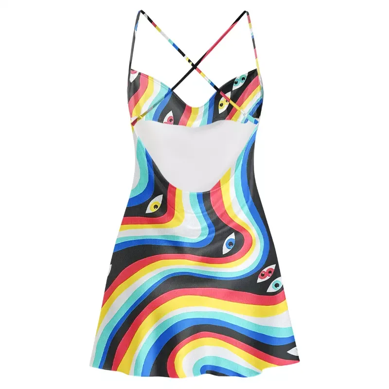 Soulisfree Rainbow Vision Cowl Neck Satin Mini Dress