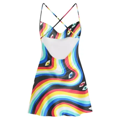 Soulisfree Rainbow Vision Cowl Neck Satin Mini Dress