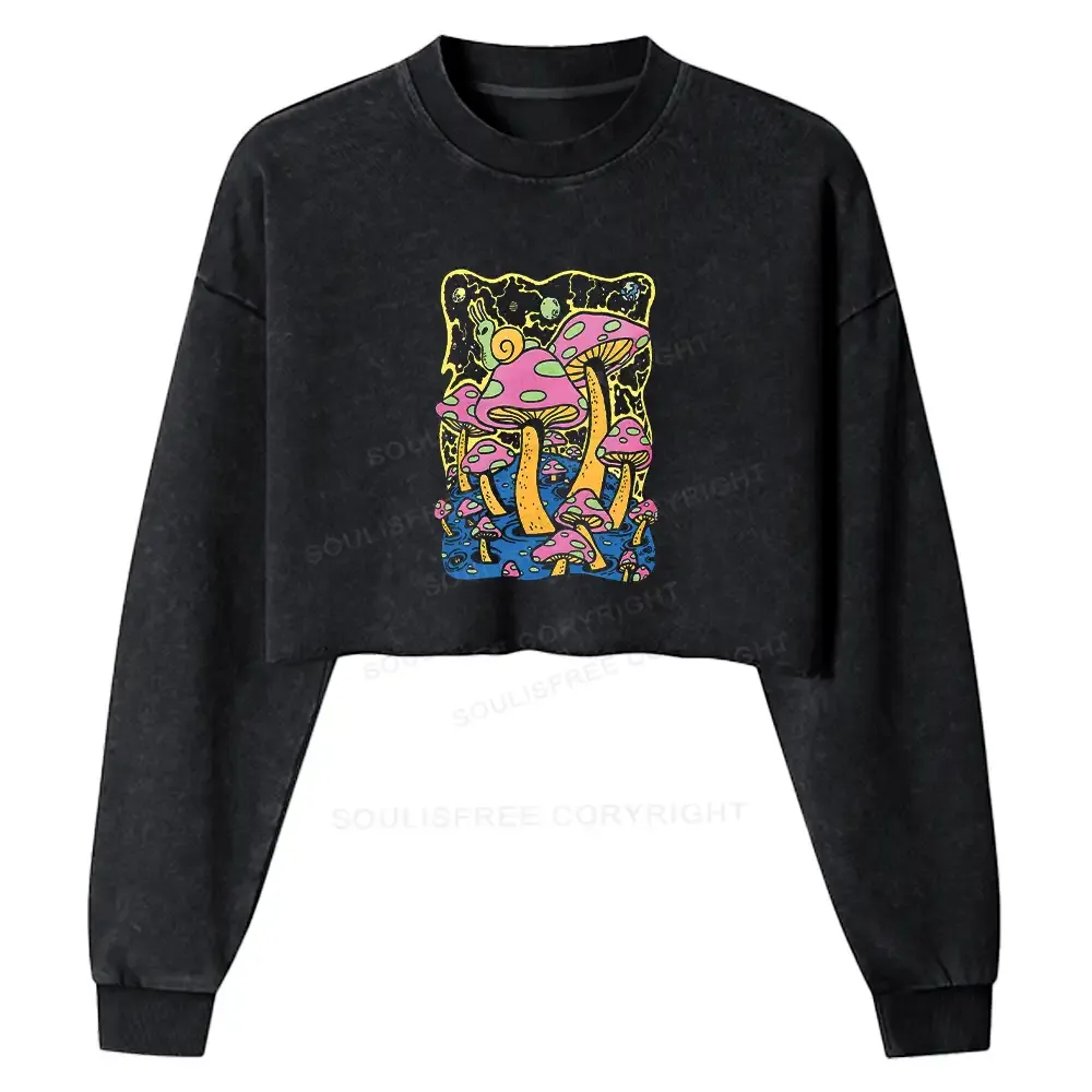 Designed Mushroom World Washed Cropped Sweatshirt