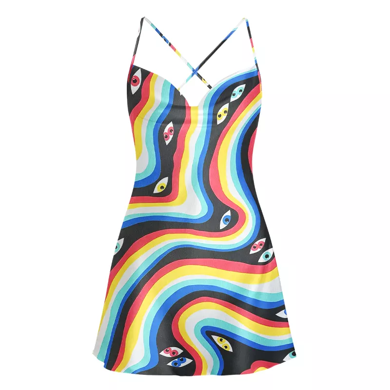 Soulisfree Rainbow Vision Cowl Neck Satin Mini Dress