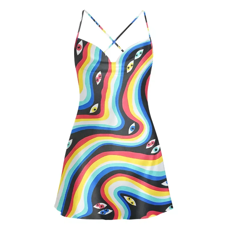 Soulisfree Rainbow Vision Cowl Neck Satin Mini Dress
