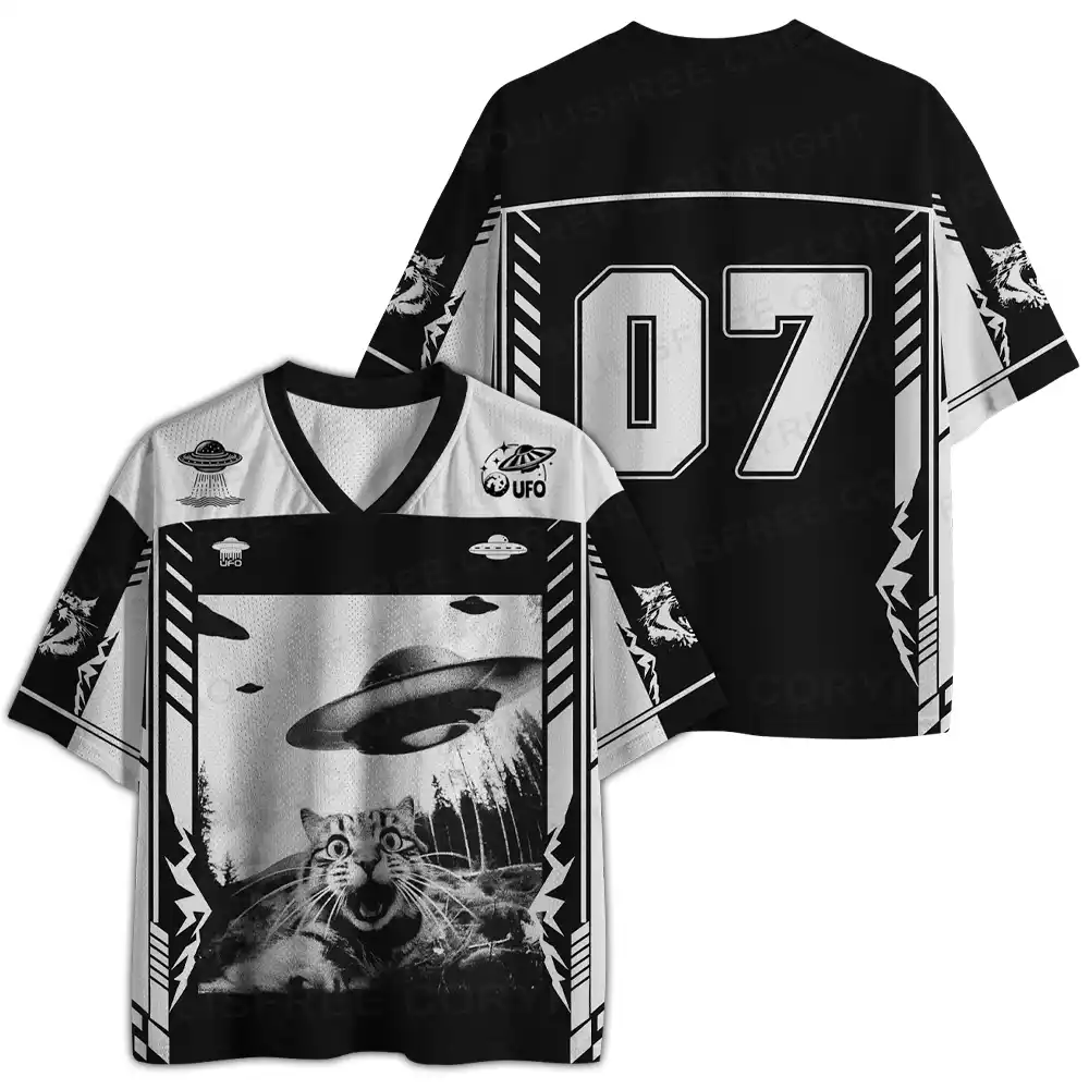 UFO Startled Cat Whimsical Mesh Jersey
