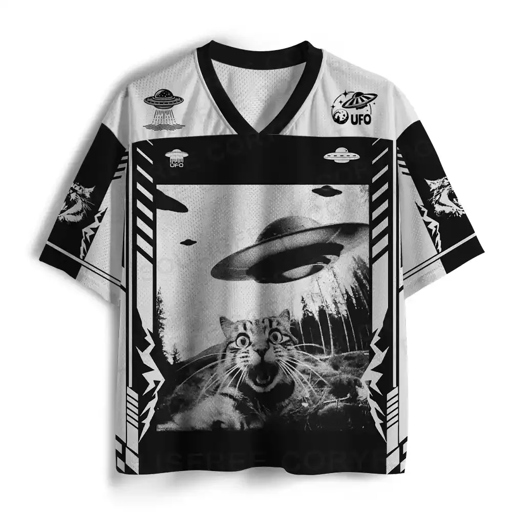 UFO Startled Cat Whimsical Mesh Jersey