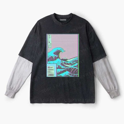 Soulisfree  Neon Kanagawa Wave Layered Long Sleeve Tee