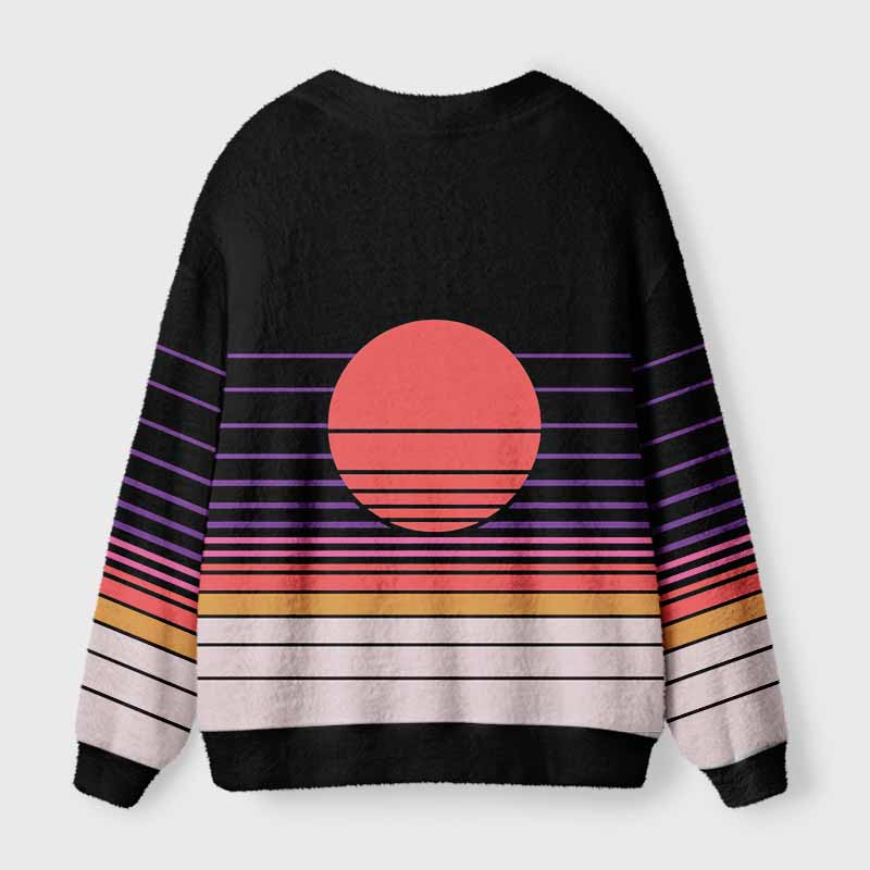 Soulisfree Synthwave Gradient Sunset Fuzzy Cardigan Sweater 