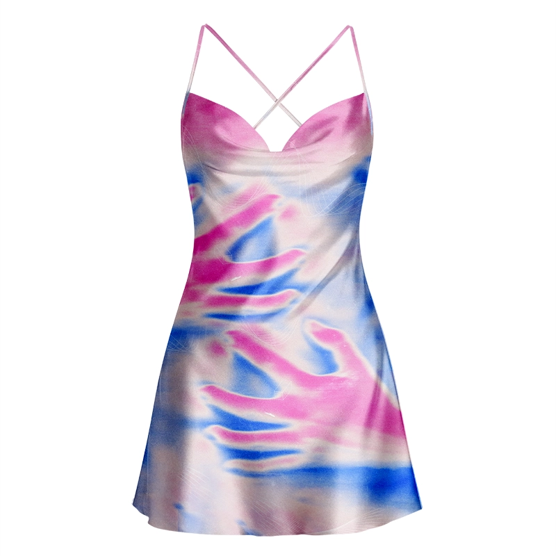 Soulisfree Dreamy Touch Imprint Cowl Neck Satin Mini Dress