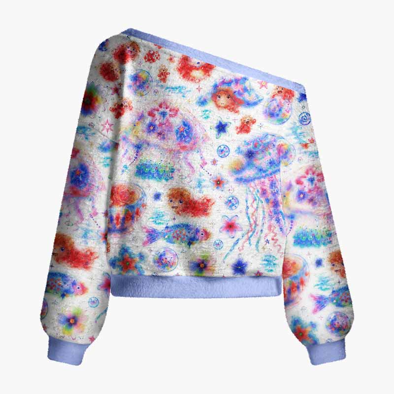 Soulisfree Where Stars Meet The Sea Fuzzy Off-Shoulder Sweater
