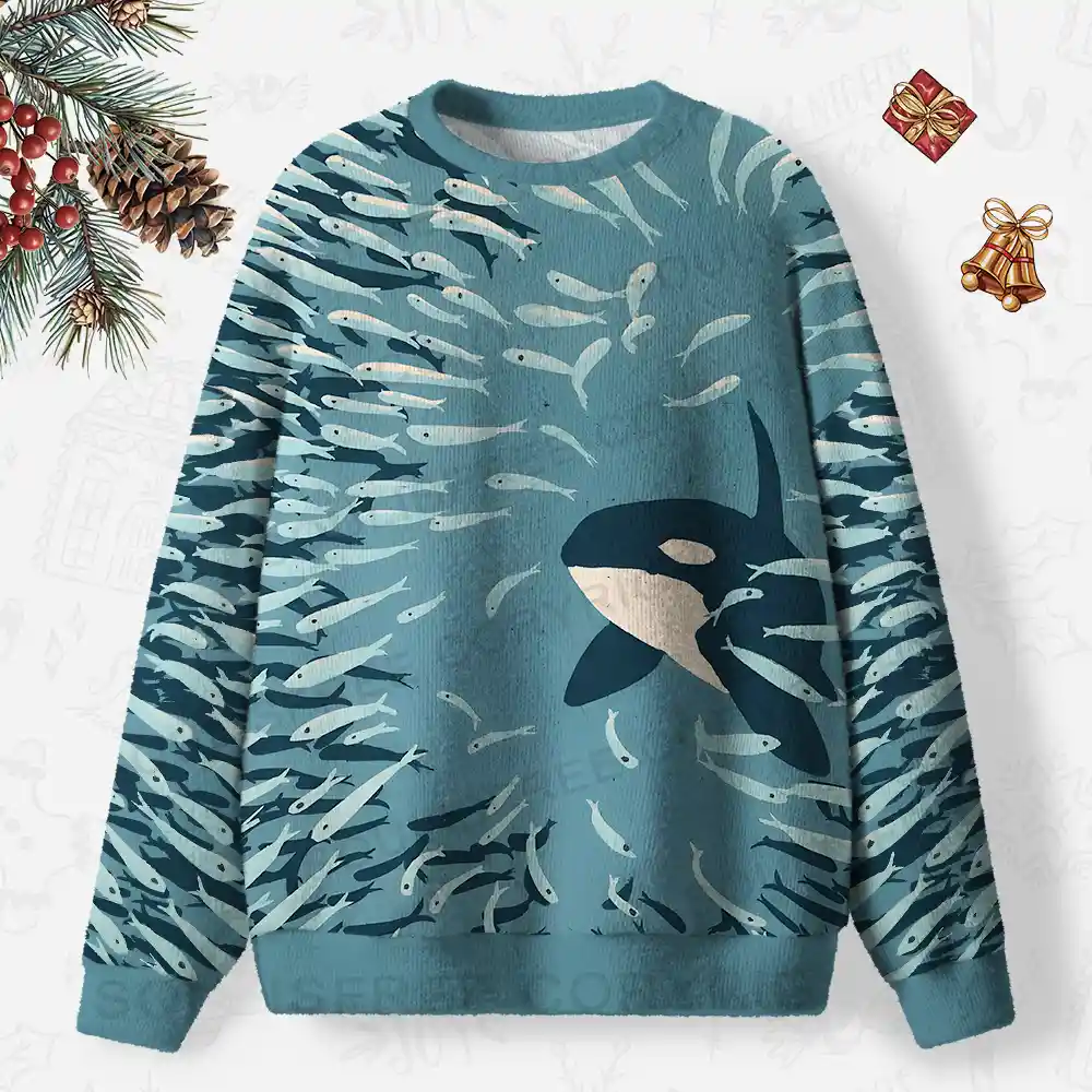 Underwater Symphony: Orca and School of Fish Ugly Christmas Knit Sweatshirt