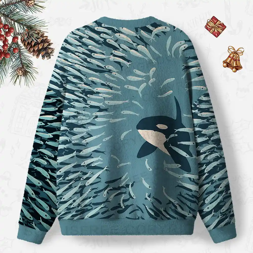 Underwater Symphony: Orca and School of Fish Ugly Christmas Knit Sweatshirt