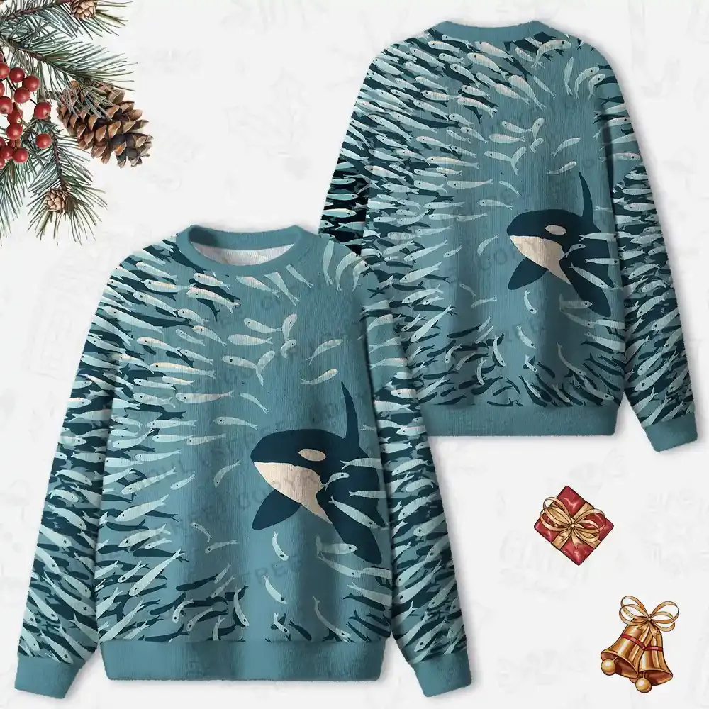Underwater Symphony: Orca and School of Fish Ugly Christmas Knit Sweatshirt