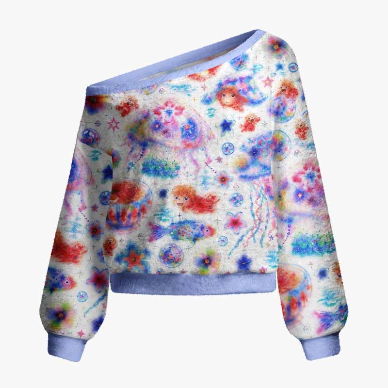 Soulisfree Where Stars Meet The Sea Fuzzy Off-Shoulder Sweater