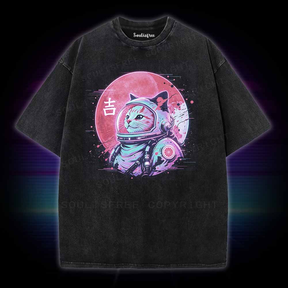 Soulisfree 1950s Retro Space Cat  Washed Tee