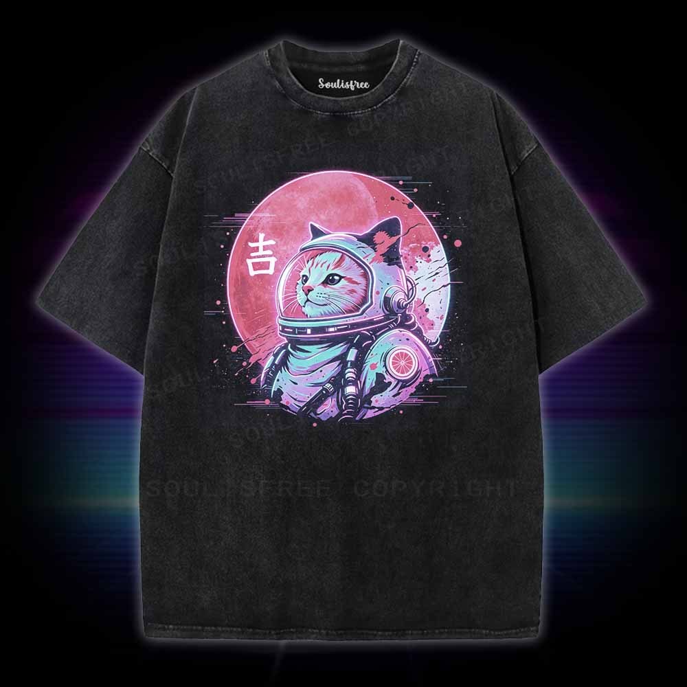 Soulisfree 1950s Retro Space Cat Washed Tee