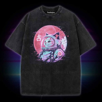 Soulisfree 1950s Retro Space Cat  Washed Tee