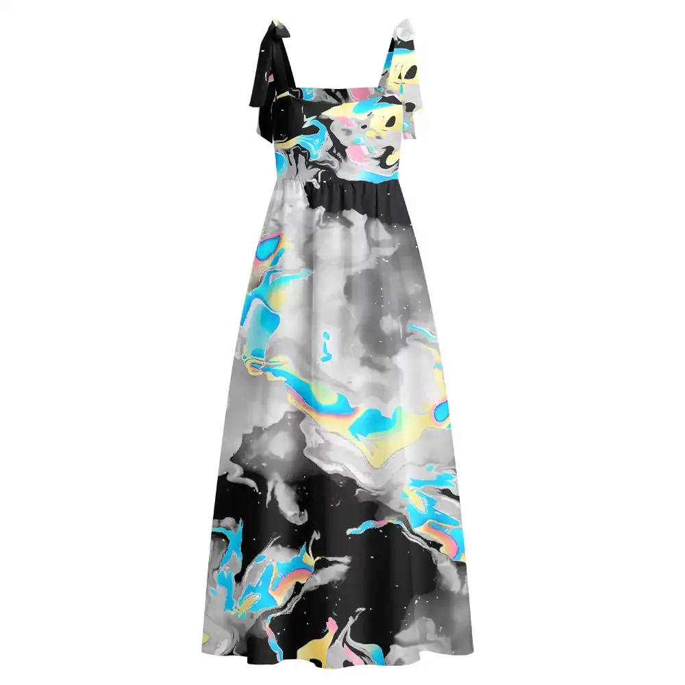 Soulisfree Cyber Iridescent Fluid Swirl Maxi Dress – Bow Strap