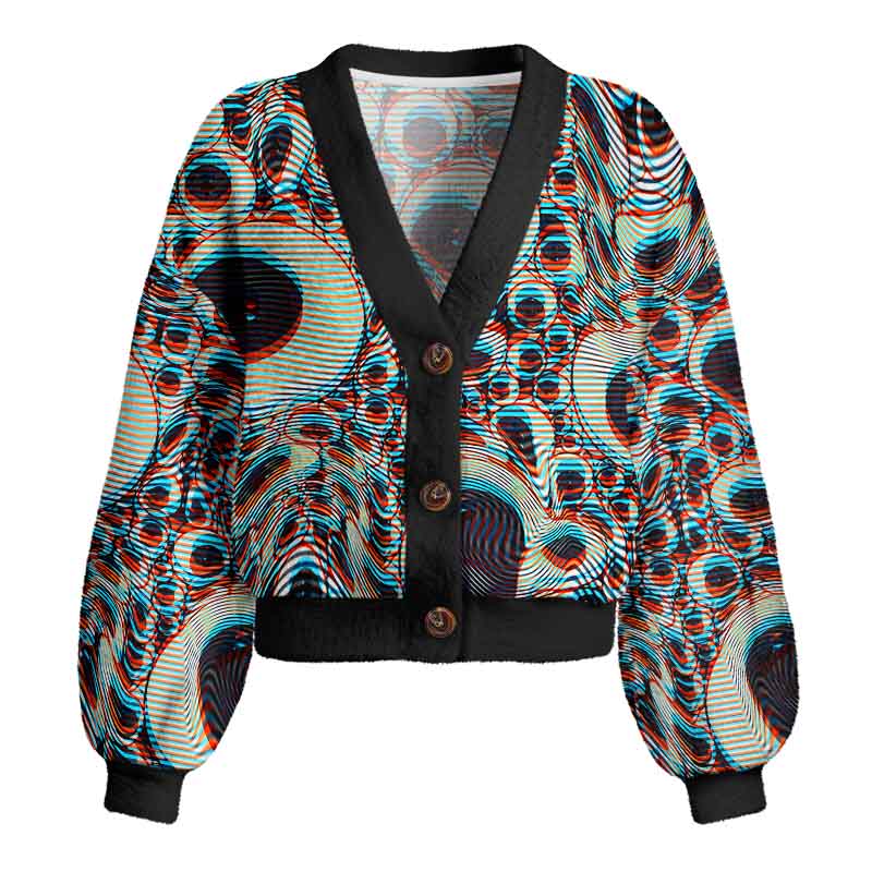 Soulisfree Trippy Optical Vortex Women's Fuzzy Cardigan Sweater