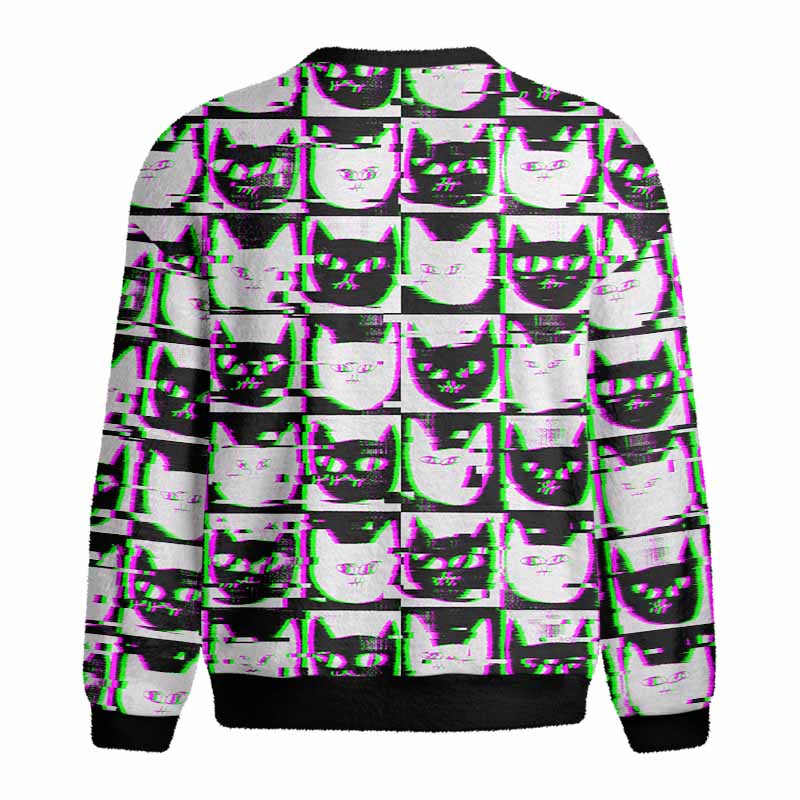 Soulisfree Neon Glitch Cat Fuzzy Crewneck Sweater