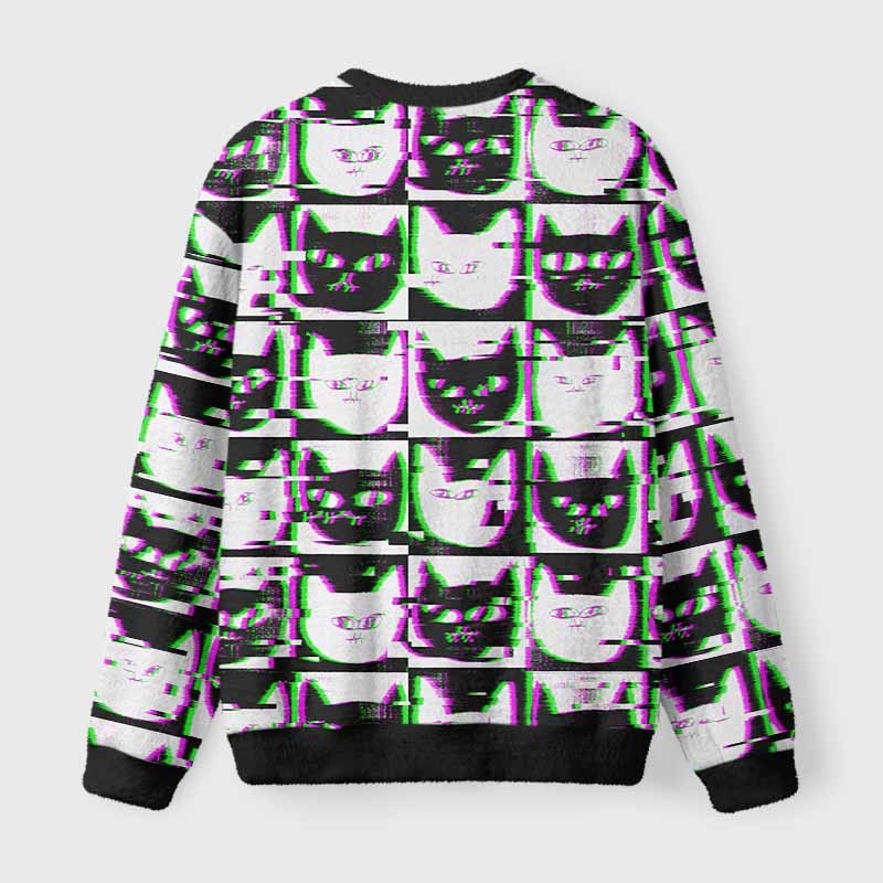 Soulisfree Neon Glitch Cat Fuzzy Crewneck Sweater