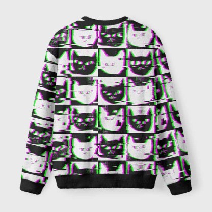 Soulisfree Neon Glitch Cat Fuzzy Crewneck Sweater