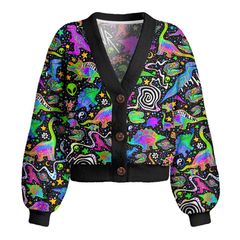 Soulisfree Cosmic Dino Trip Women's Fuzzy Cardigan Sweater
