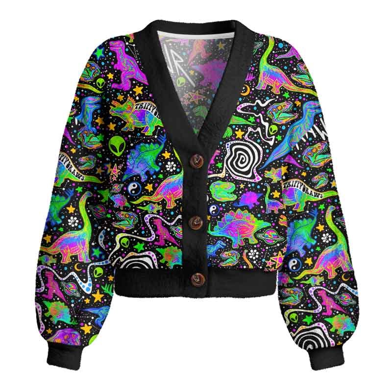 Soulisfree Cosmic Dino Trip Women's Fuzzy Cardigan Sweater