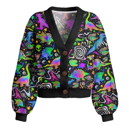Soulisfree Cosmic Dino Trip Women's Fuzzy Cardigan Sweater