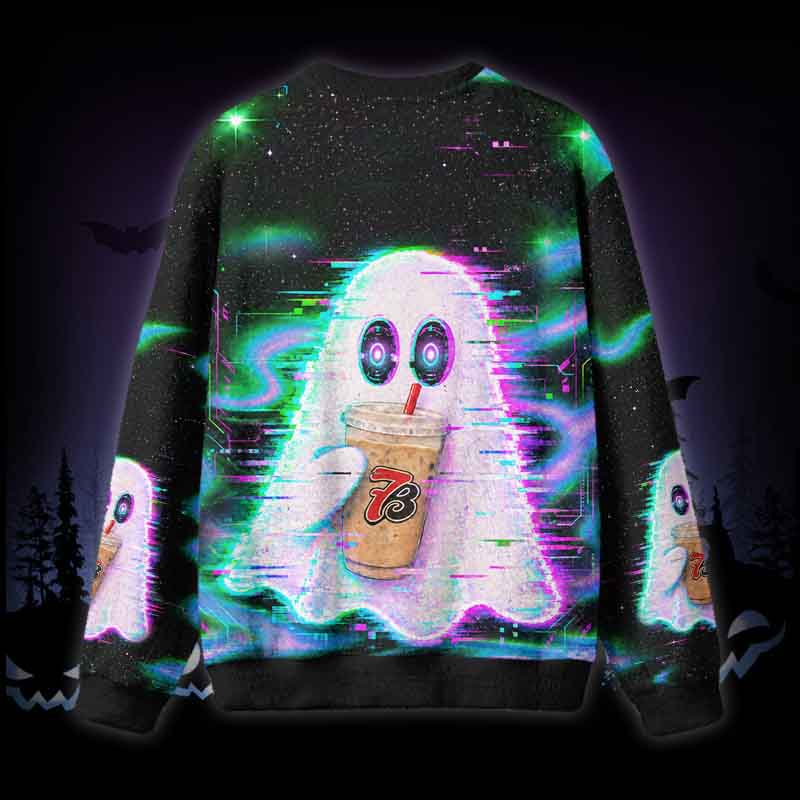 Soulisfree Cyber Glitch Coffee Ghost Fuzzy Crewneck Sweater